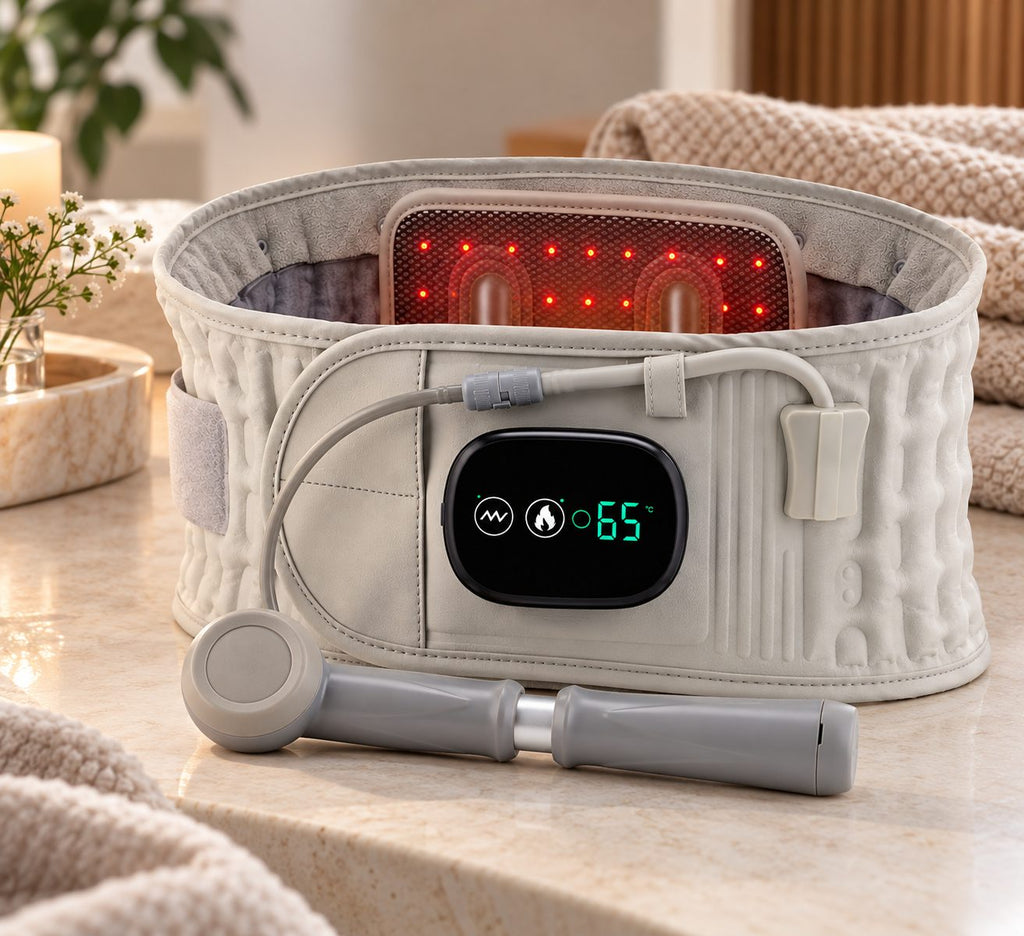Auremib HeatRelief Belt in grey with digital display showing 65C