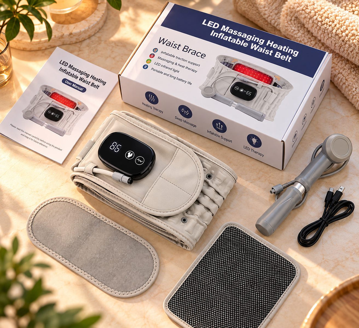 Auremib HeatRelief Belt kit with controller, pads, extension strap, USB cable and manual