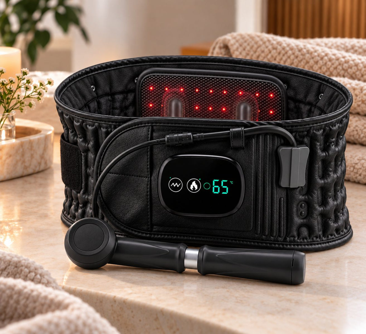 Auremib HeatRelief Belt in black with digital display showing 65C