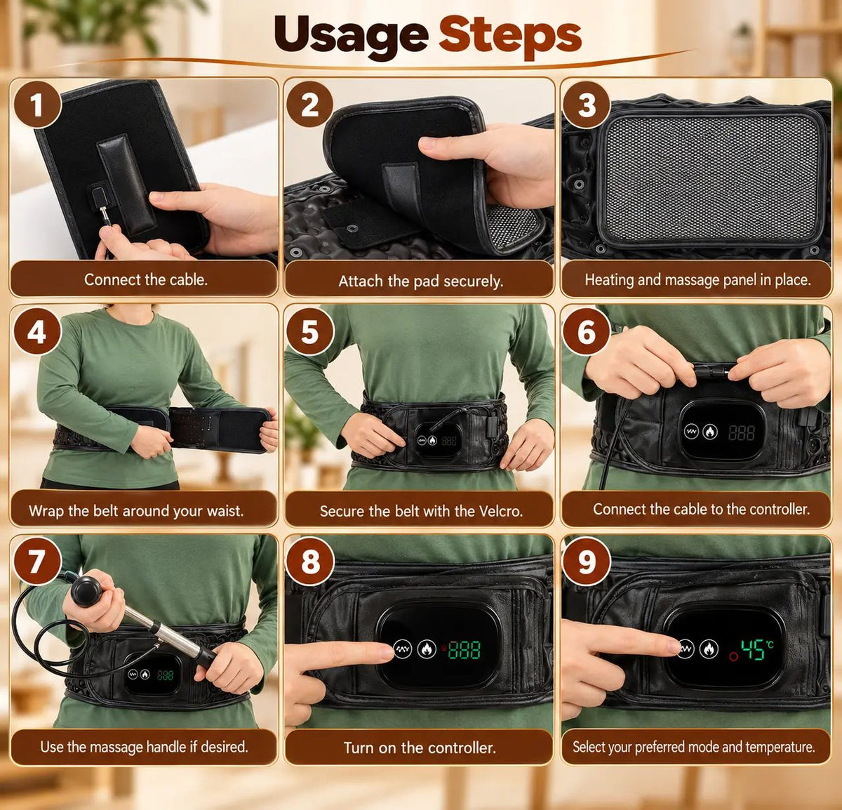 Auremib HeatRelief Belt usage steps
