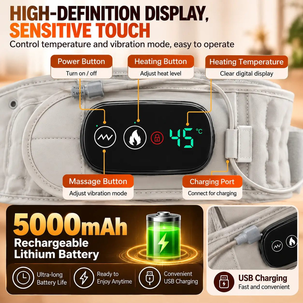 Auremib HeatRelief Belt controller with 5000 mAh USB charging
